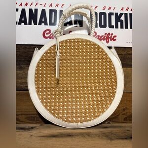 Sole Society Round Woven Tote in White and Tan